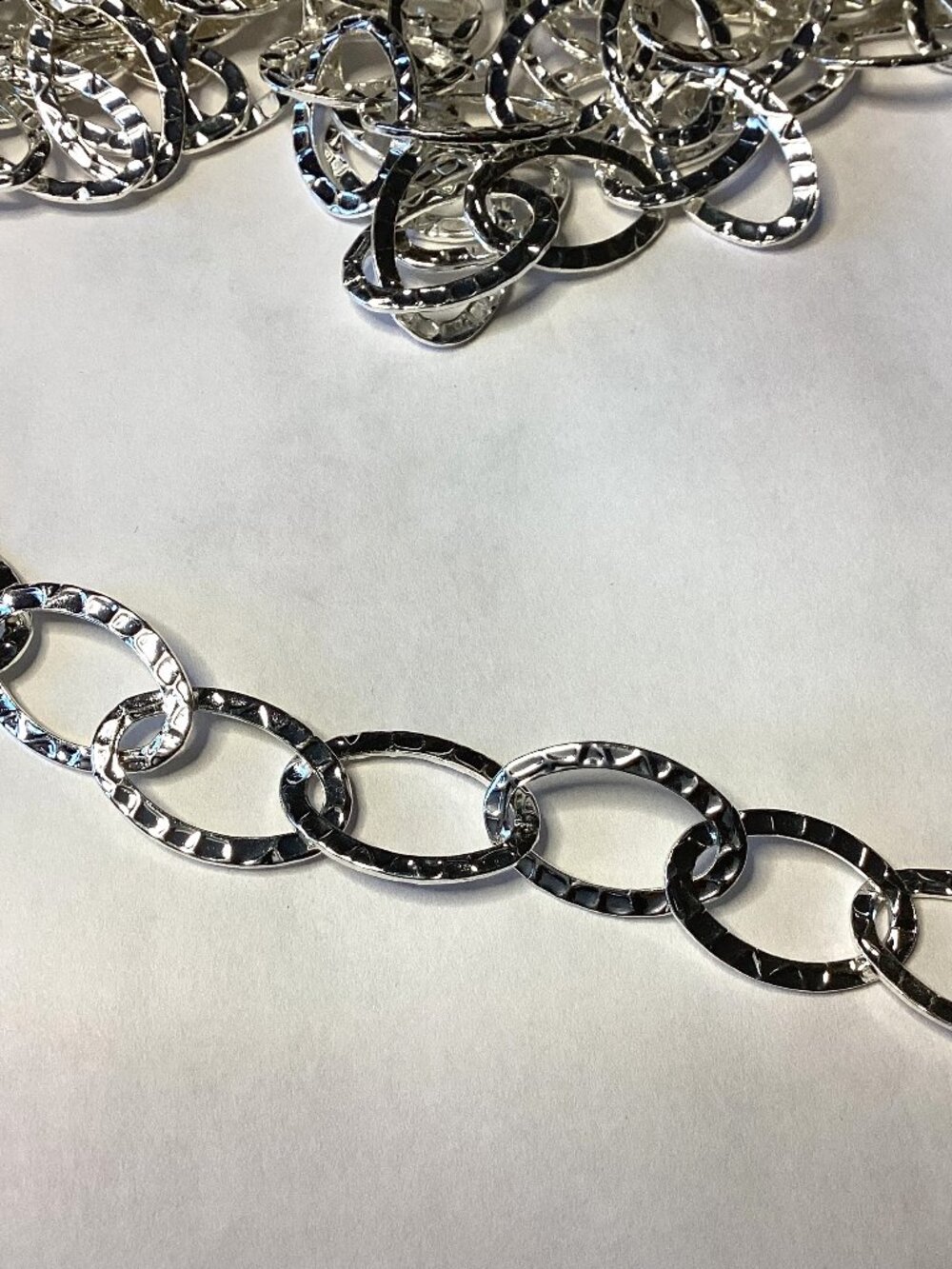 Long Silver Colored Necklace Textured Hammered-Effect Oval Links Jewelry Making